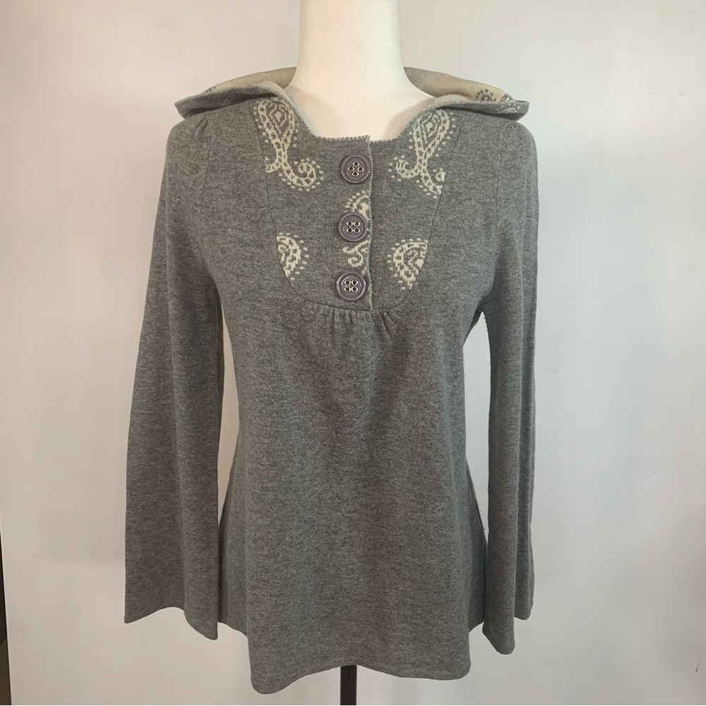 Lapis Wool Hoodie Sweater Tunic Fluted Sleeve Empire Waist Paisley Grey Cream M - Picture 10 of 16